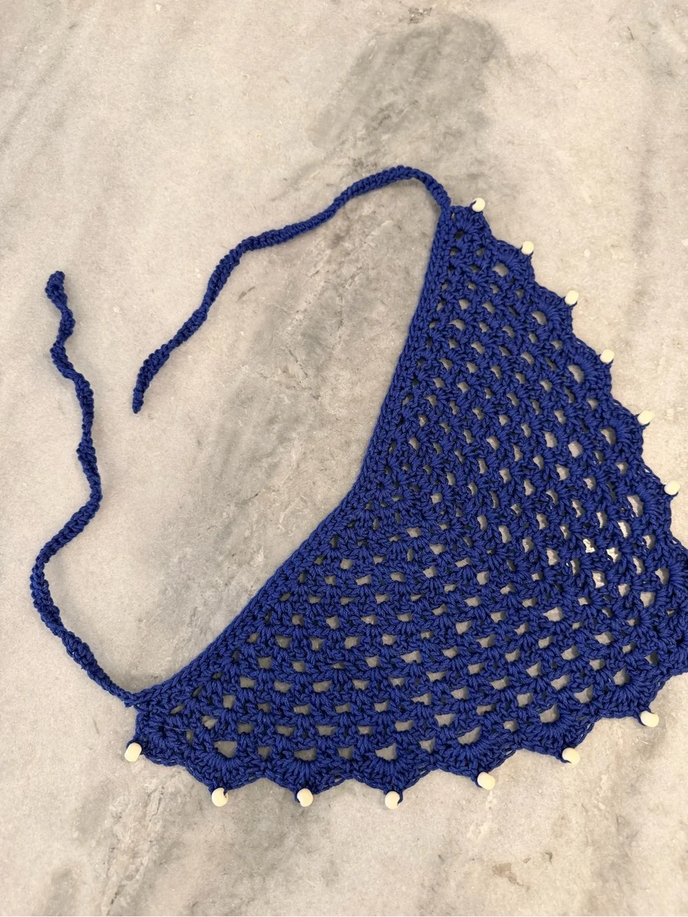 Handmade Crochet Wood Beaded Kerchief Head Scarf Cotton Boho Bandana Cottagecore